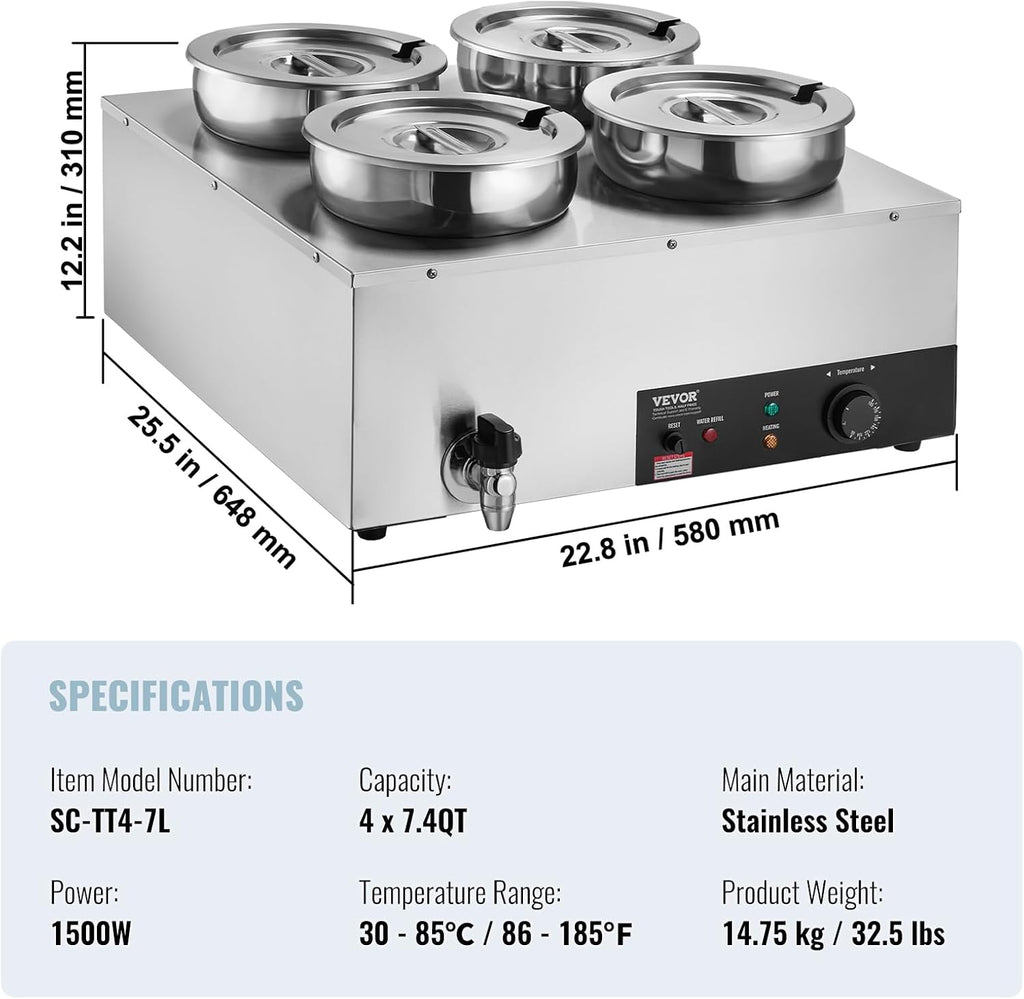 ETL Listed VEVOR Electric Soup Warmer, Four 7.4QT Stainless Steel Round Pot 86~185°F Adjustable Temp, 1500W Commercial Bain Marie with Anti-Dry Burn, Soup Station for Restaurant, Buffet, Silver