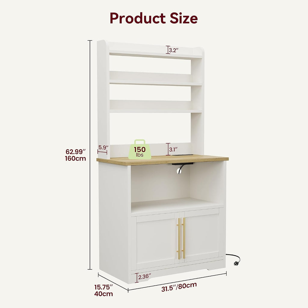 Garvee Farmhouse Bakers Rack with Power Outlets, Microwave Stand with Cabinet, Kitchen Hutch Pantry Cabinet, Kitchen Coffee Bar Cabinet for Spices, Dishes, and Pots, White