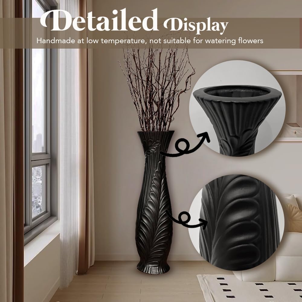 Tall Black Floor Vase 30 inches, Handmade Large Ceramic Vases for Home Decor Living Room, Feather Pattern Decorative Vases Wide Mouth Opening Corner Vase for Pampas Grass
