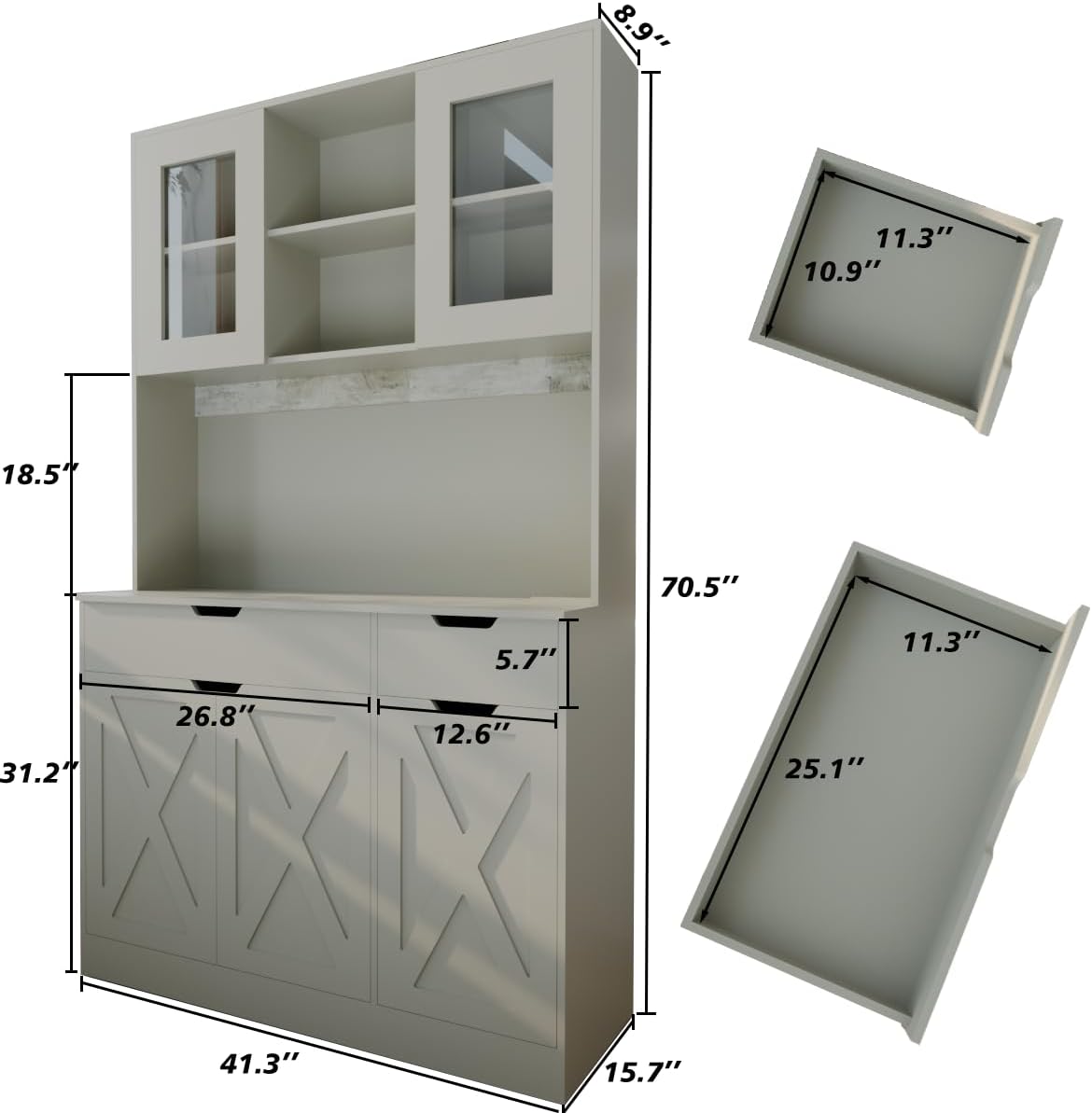 71' Tall Kitchen Pantry Storage Cabinet Large Farmhouse Hutch Cabinet with Microwave Stand, Charging Station, Adjustable Shelves, Countertop for Dining Room, Living Room, Grey