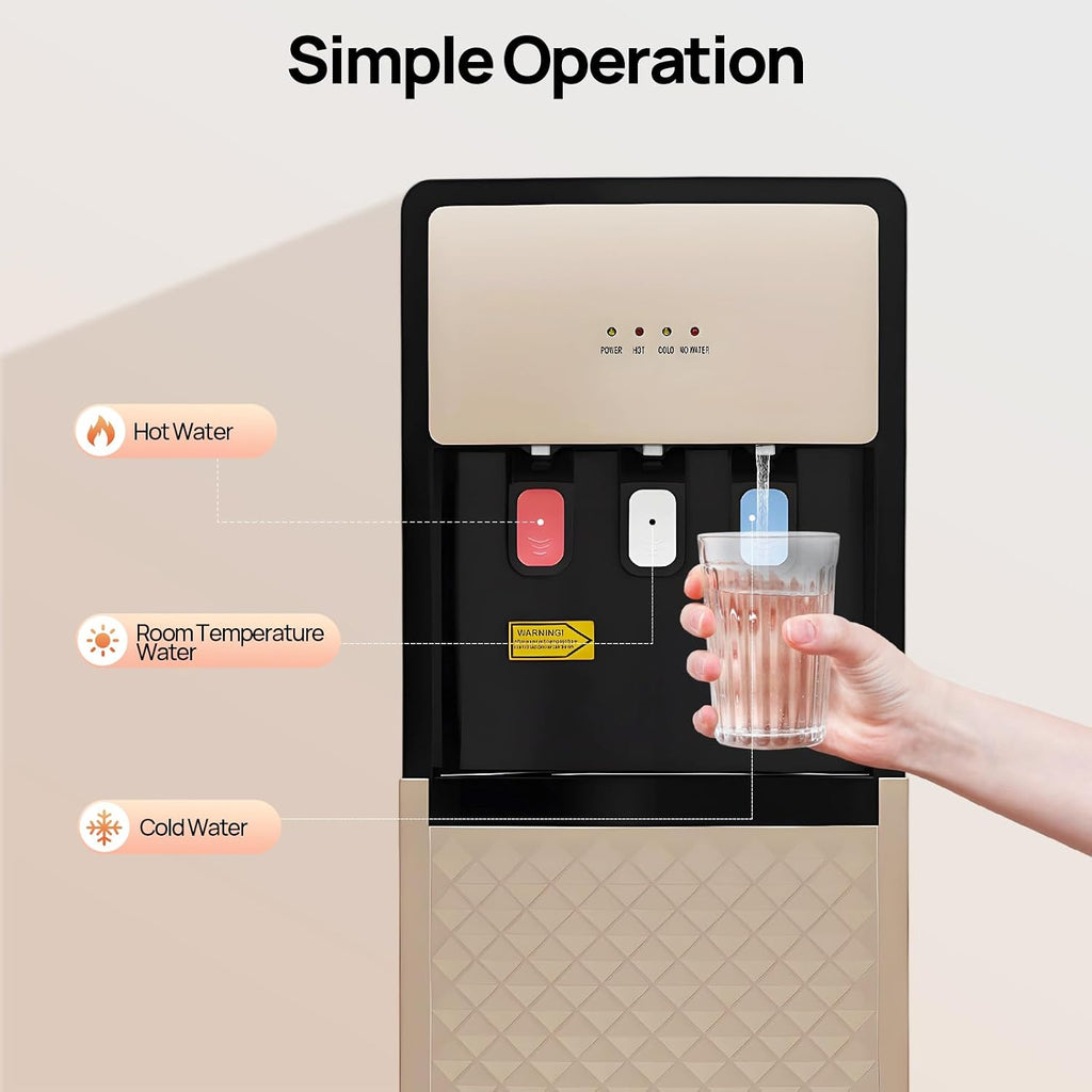 Bottom Loading Water Cooler Dispenser, 500W Hot and Cold Water Cooler with 3 Temperature Settings - Hot Cold & Room for Home Apartment Office Water Capacity 2L(Cold) & 5L(Hot) SJYTD-6 Gold