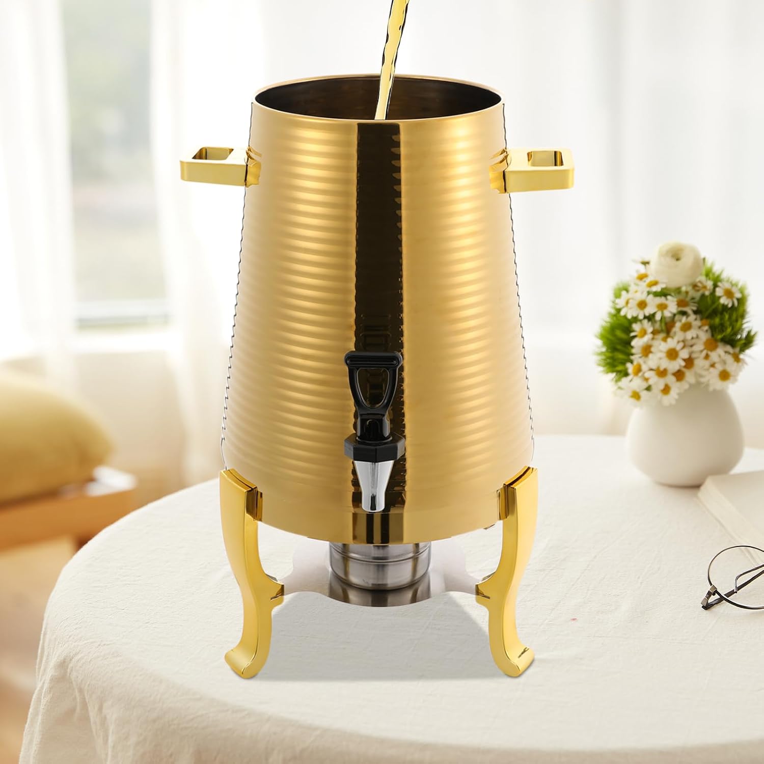 13L Stainless Steel Beverage Dispenser with Stand, Dual Heating Hot Drink Dispenser with Temperature Control, Electric & Alcohol Heating Juice Container for Hot or Cold Drinks, or Catering Use,Gold