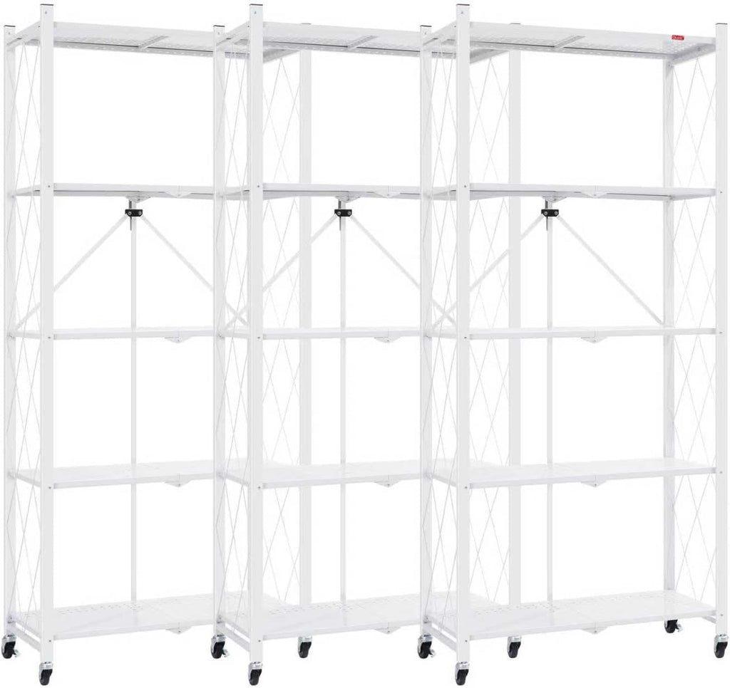 DEANIC 5 Tier Foldable Storage Shelves with Wheels, Large Capacity Shelving Unit, Freestanding Metal Wire Shelf Rack, No Assembly Organizer Rack for Garage Kitchen, Basement, Pantry White,3 Pack