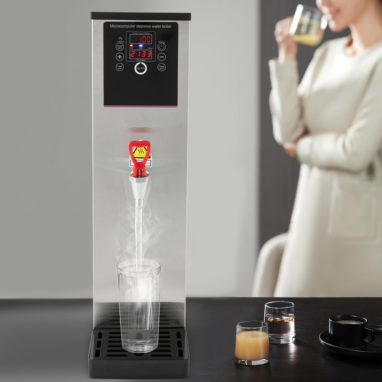 15L Silver Electric Water Boiler, 110V Commercial Hot Water Dispenser w/Timer, Stainless Steel Tea Urn Warmer, 1500W Catering Kettle for Office Kitchen, Adjustable Temp Thermo Pot, Spigot Tap