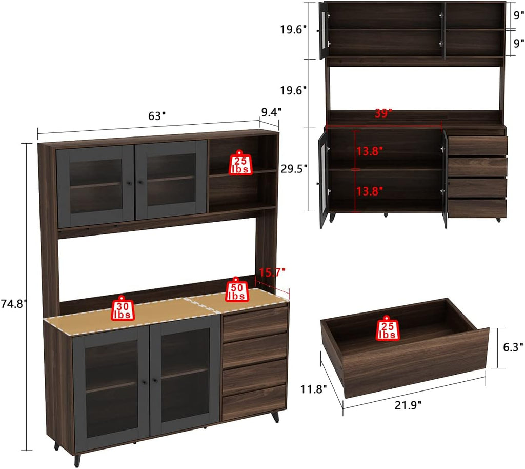 AGOTENI Large Kitchen Hutch Cabinet, Storage Cupboard Pantry with 4 Glass Doors, 4 Drawers & Microwave Shelf, for Kitchen Open Storage, Rustic Brown (63' W x 15.7' D x 74.8' H)