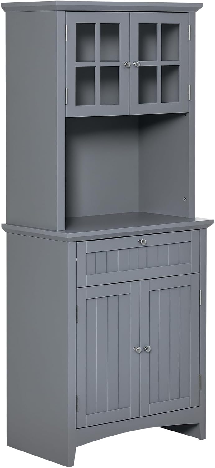 HOMCOM Elegant Buffet with Hutch, Kitchen Pantry Storage Cabinet with Framed Glass Door Drawer and Microwave Space for Dining Room, Living Room, Gray