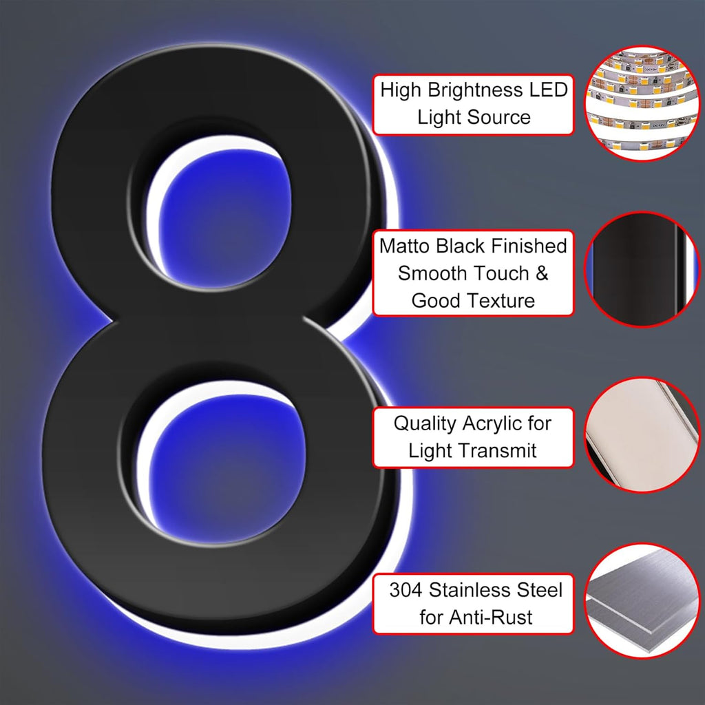 Illuminated LED House Number Sign, Matte Black, Lighted Address Number For House/Home/Yard, Light Up Address Sign, Waterproof Outdoor/Indoor, Day & Night,14 Inch/35cm,1