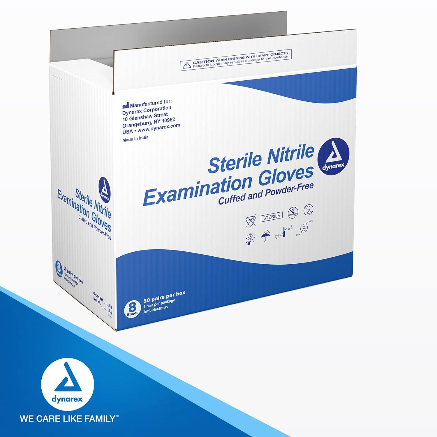 Dynarex Sterile Disposable Nitrile Exam Gloves, Powder-Free, Sterilely Packaged in Pairs, Textured Palms, Blue, Medium, 1 Case - 8 Boxes of 50 Pairs