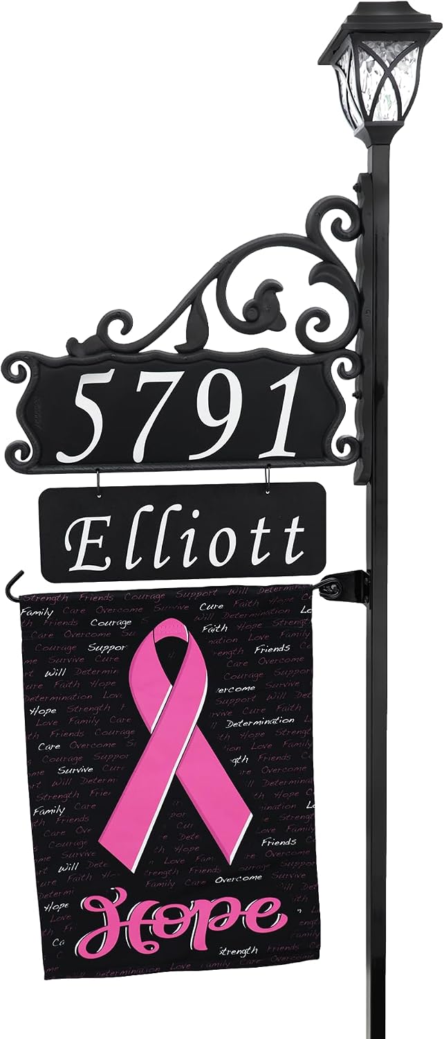 Boardwalk Custom Reflective Address Sign with Name Rider, 'Hope' Flag & Solar Light – Double-Sided, Weatherproof Display on 48' Post – Personalized & Easy to Install