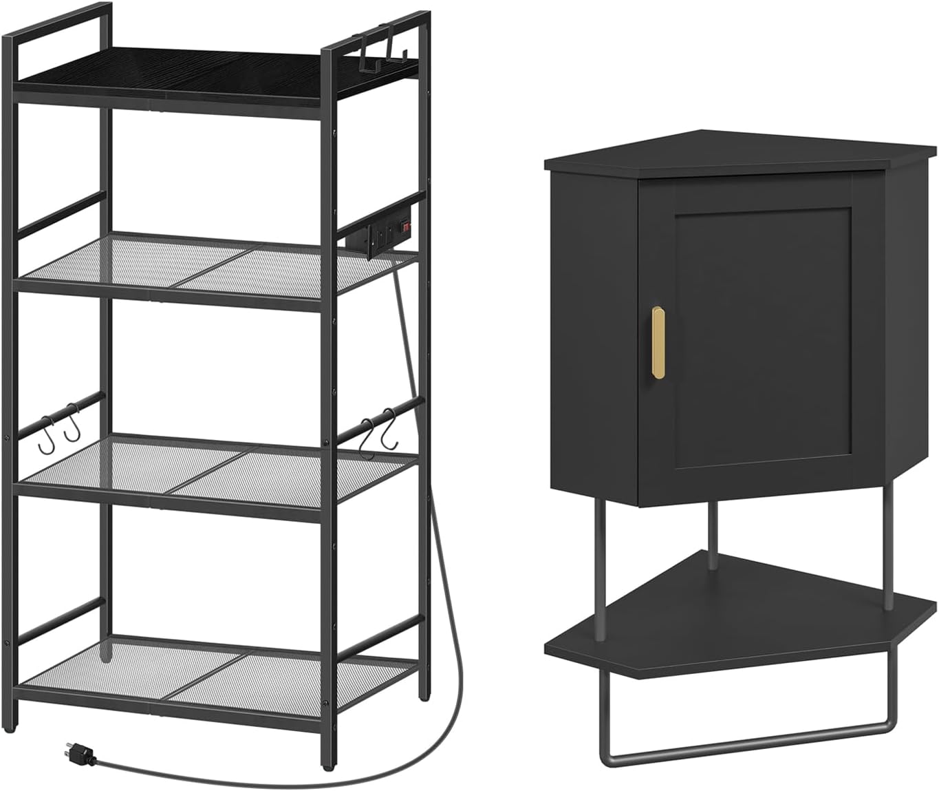 MAHANCRIS Bakers Rack and Corner Wall Cabinet Bundle, Microwave Stand with Power Outlet, Wall Mount Storage Cabinet with Adjustable Shelf & Towel Bar, for Bathroom Living Room Kitchen, BRHB40E01-WC45