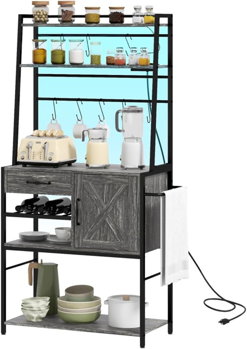 Baker Rack with Outlet and RGB Lights, 65.6' Tall Kitchen Storage Shelf, Metal Coffee Bar Station with Wine Rack, Drawer and Cabinet, Industrial Kitchen Shelves for Coffee, Microwave