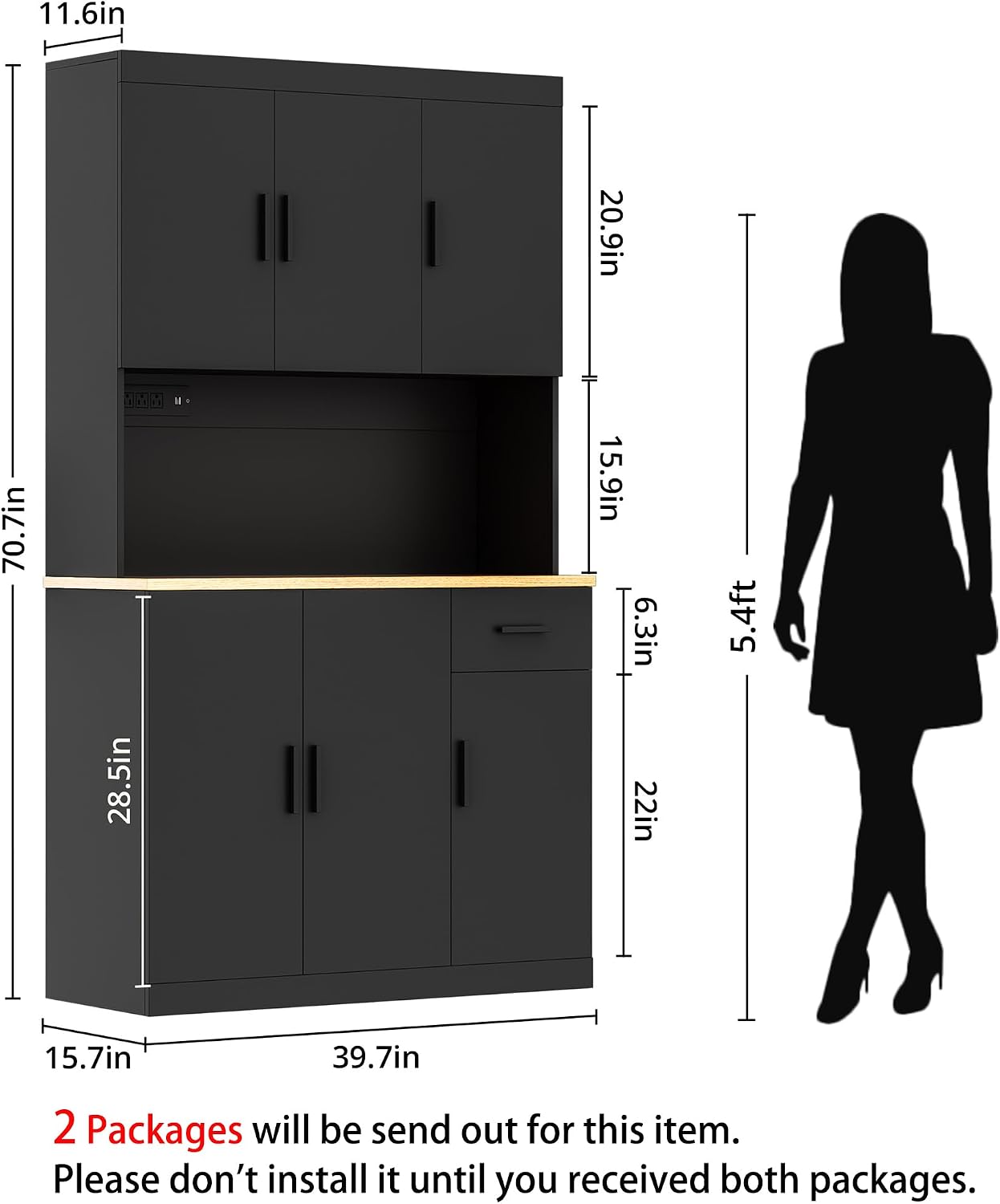 DIYART 71 Inch Black Pantry Cabinet with Power Outlet, Heavy-Duty Freestanding Kitchen Storage Organizer with Reinforced Frame, Pantry Hutch for Kitchen, Dining Room, Living Room
