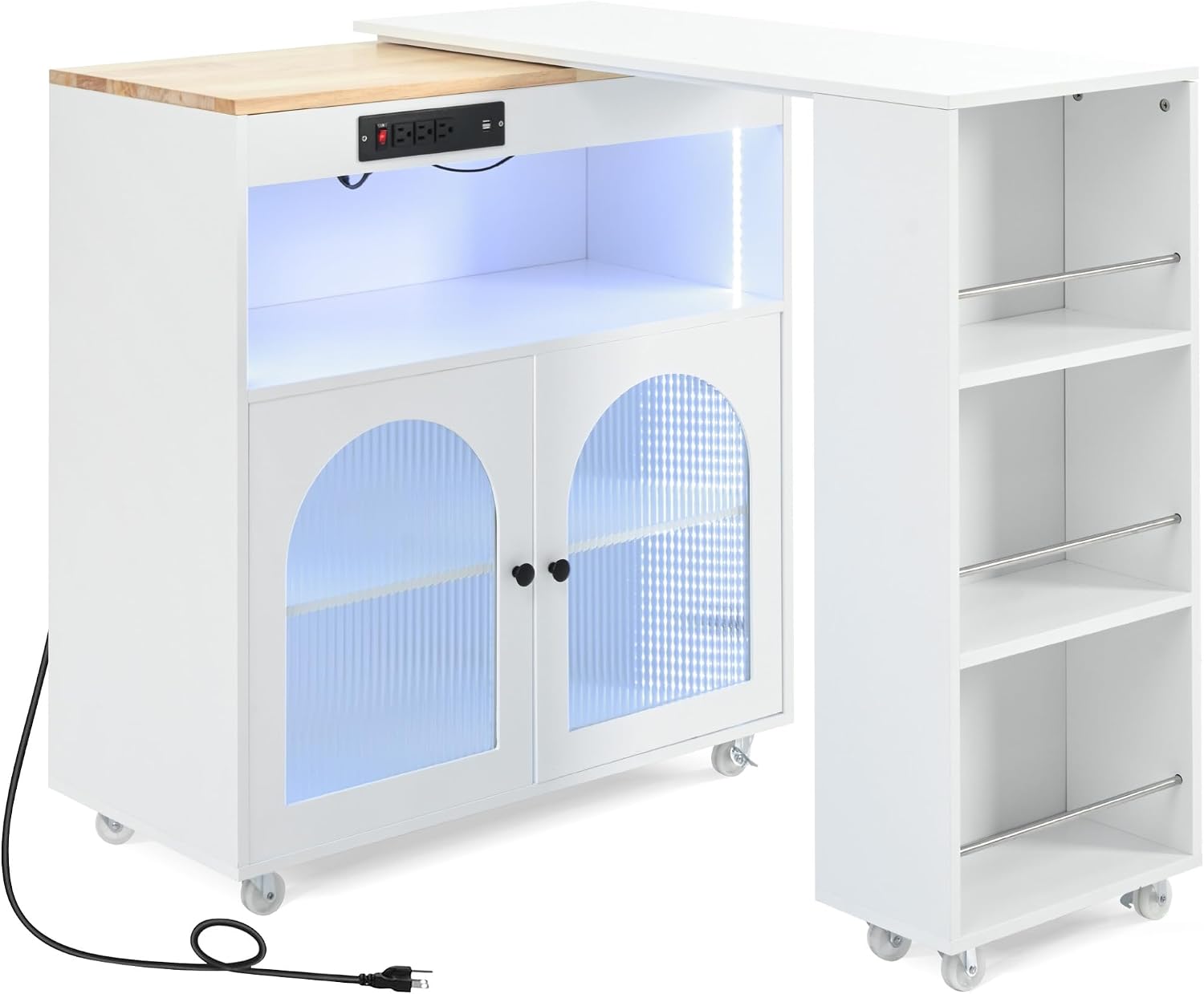 Rolling Kitchen Island W/Extended Table, Kitchen Island On Wheels with LED Lights,Power Outlets and 2 Fluted Glass Doors,Kitchen Island with a Storage Compartment&Side 3 Open Shelves (White)