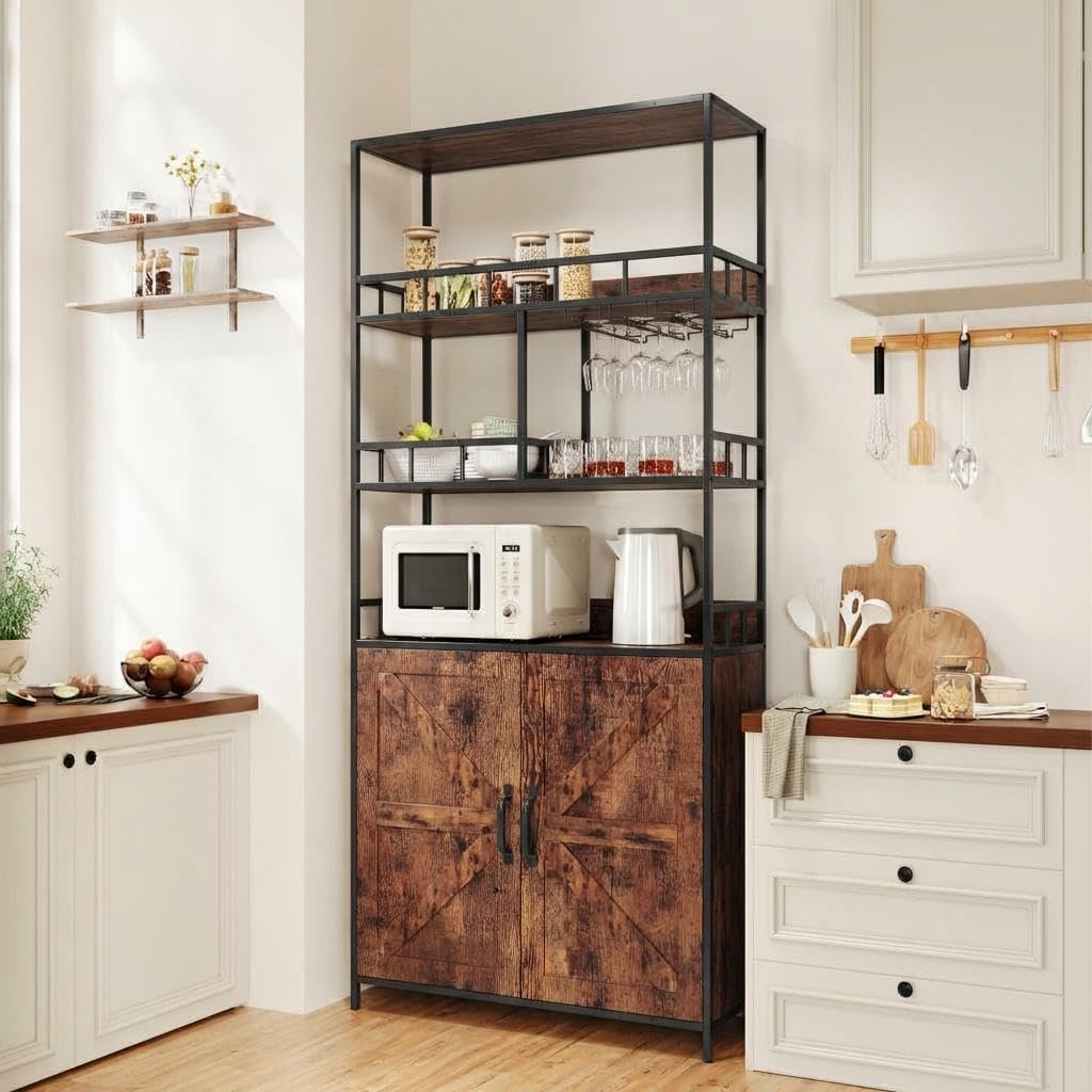 70.8' Tall Bar Cabinet, 5 Tier Storage Cabinet, with Wine Rack & Bakers RackKitchen Pantry Microwave Stand, Freestanding Liquor Cabinet & Coffee Bar Hutch for Dining Room, Living Room