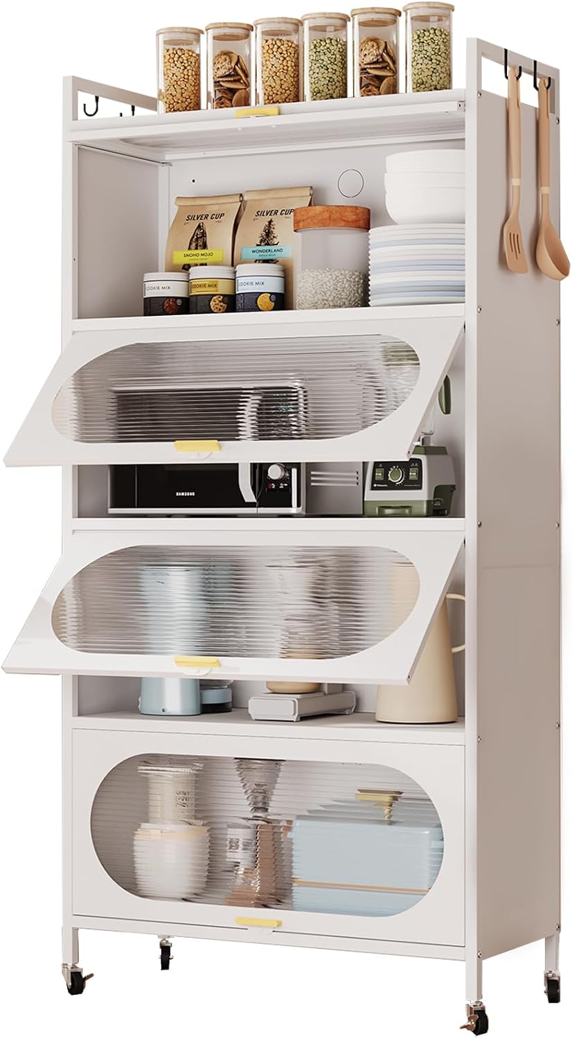 Kitchen Pantry Storage Cabinet,5 Tier Rolling Microwave Stand, Bakers Rack,Metal Pantry Cabinet with 4 Flip-up Doors for Kitchen,Living Room,Study (White)