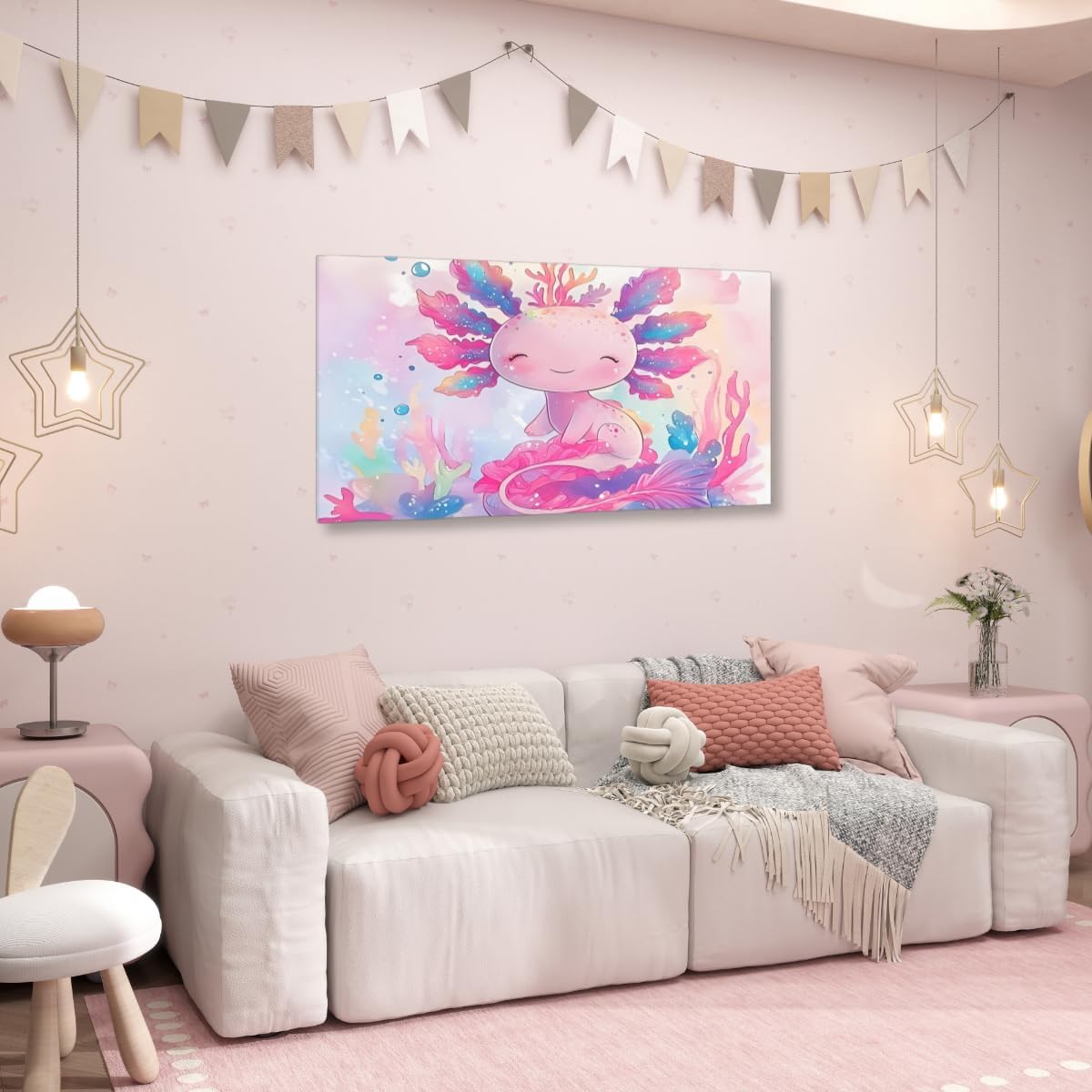 Erosebridal Large Cute Axolotl Canvas Wall Art for Living Room Boys Girls Kawaii Salamander Cartoon Wall Painting Poster Print,Kids Ocean Sealife Mermaid Coral Watercolor Artwork Posters 58'x29'