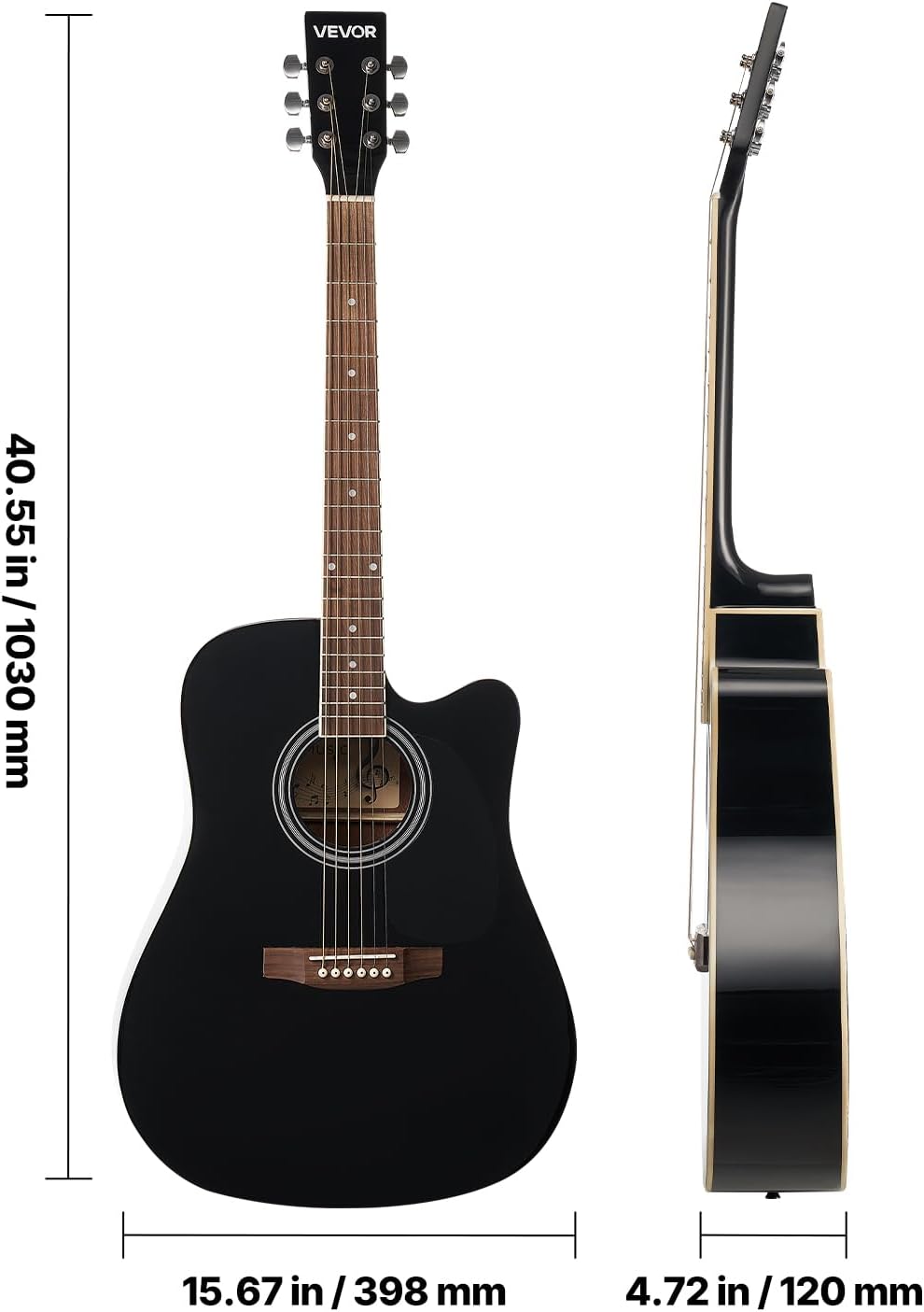 VEVOR Cutway Acoustic Guitar, 41 in, 6-String Black Solid Spruce Top Guitar, Beginner Bundle with Gig Bag, Tuner, Strap, Strings, Picks, Capo, Rosewood Fingerboard, for Adult Fingerstyle Solo Jazz