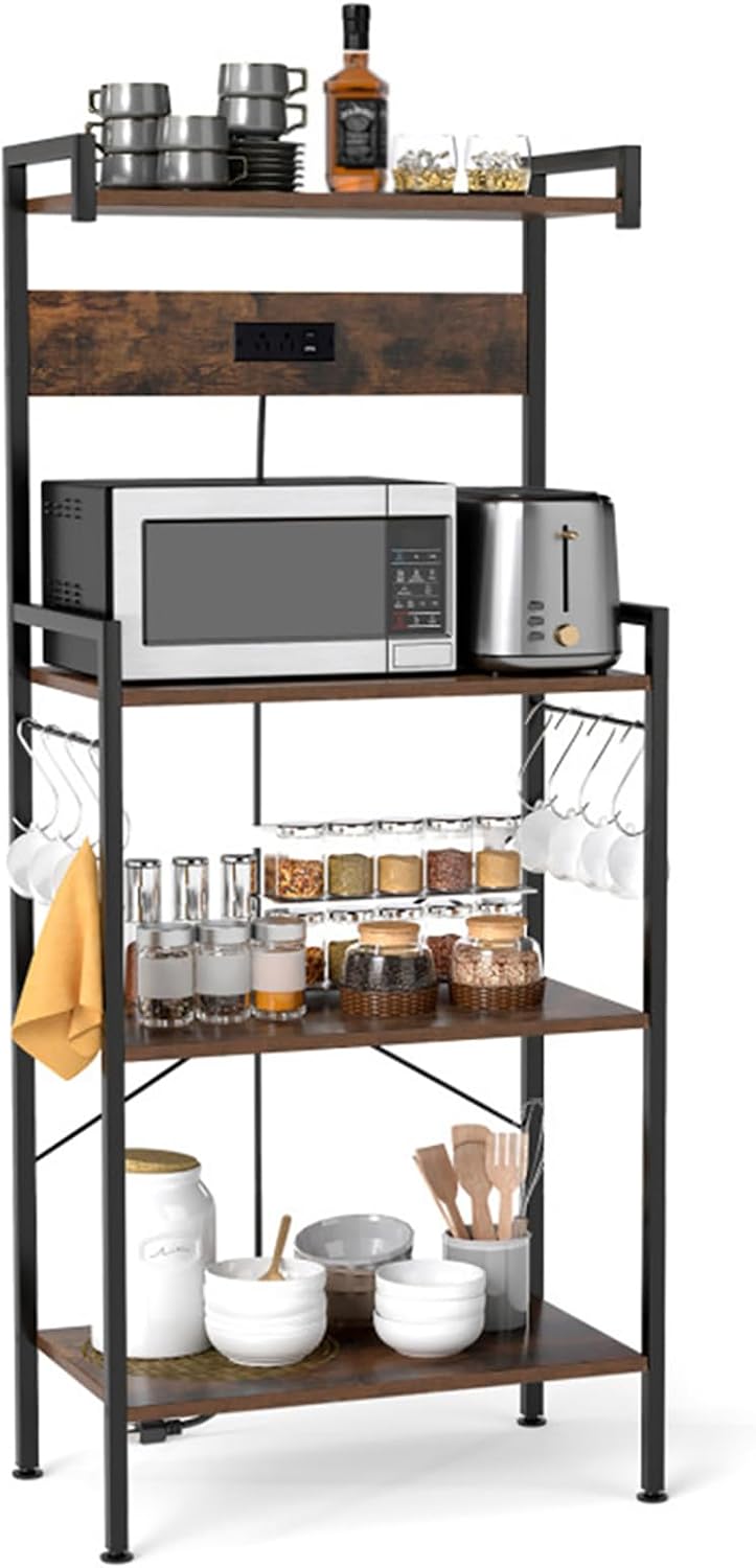 Kitchen Baker's Rack with Power Socket, Microwave Rack with 4 Shelves and 8 S-Shaped Hooks, Kitchen Storage Rack for Spices and Pots, Rustic Brown