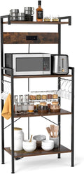 Kitchen Baker's Rack with Power Socket, Microwave Rack with 4 Shelves and 8 S-Shaped Hooks, Kitchen Storage Rack for Spices and Pots, Rustic Brown