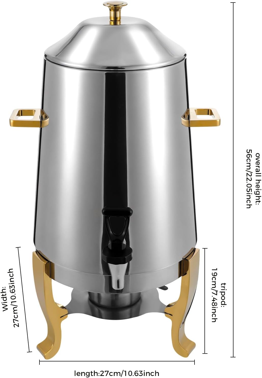 13L/3.5 Gallon Hot Beverage Dispenser, Electric Stainless Steel Coffee Chafer Urn, Fuel Tray Holder, Drink Dispenser with Gold Accent and Ice Container for Hot & Cold Drinks, Party Event Buffet