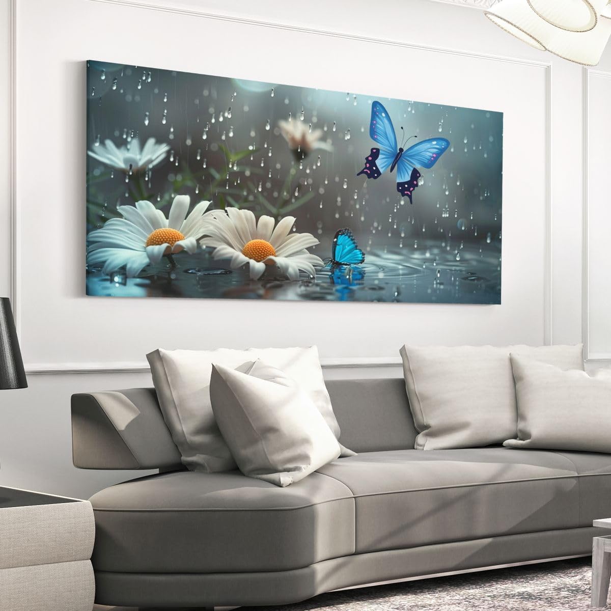 Erosebridal Water Droplets Large Canvas Wall Art 58'X29' Butterfly Artwork for Kids Boys Girls Butterflies Daisy Fog Dreamy Blue Wall Art Painting Bud Retro 3D Flower Pattern Poster