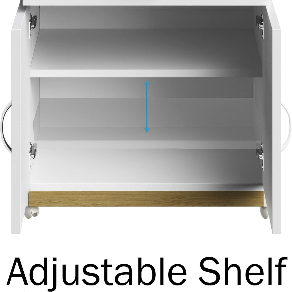 Microwave Stand with Storage – Rolling White Cabinet with Doors, Drawer, and Locking Wheels – Freestanding Wood Cart by Lavish Home (White and Oak)