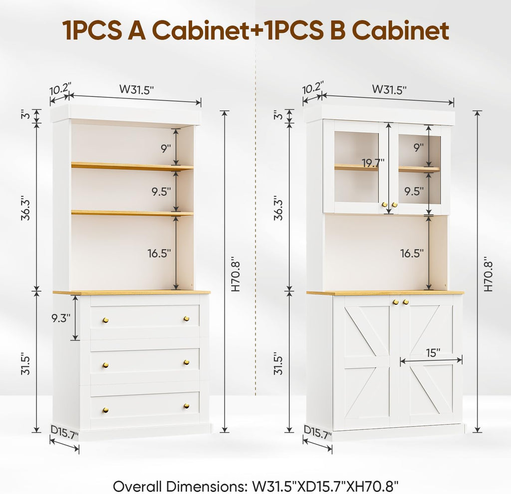 71' Tall Farmhouse Kitchen Pantry, Large Storage Cabinet with Glass Doors and Drawers, Freestanding Coffee Bar Hutch with Microwave Stand, Adjustable Shelves for Kitchen, Living Room, White 4 Pcs