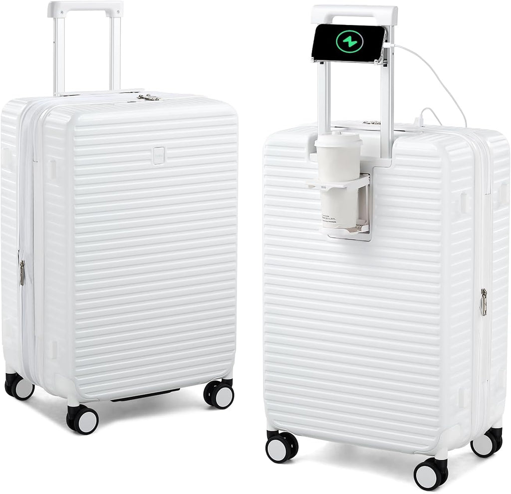 HanTrip Hard Shell Suitcases Travel Expandable Luggage, 24 Inch Check in Luggage with Spinner Wheels Cup Holder Charger Built in, Checked Medium Suitcase Lightweight Suitcases, White
