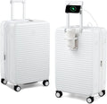 HanTrip Hard Shell Suitcases Travel Expandable Luggage, 24 Inch Check in Luggage with Spinner Wheels Cup Holder Charger Built in, Checked Medium Suitcase Lightweight Suitcases, White