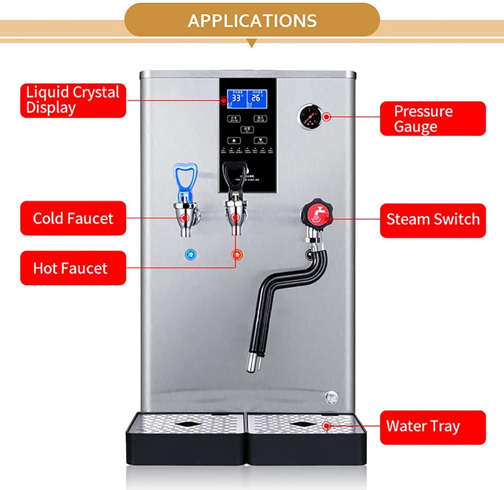 Commercial Steam Milk Frother 3000W Double Head Hot&Cold Water Heaters,20L Steam Milk Foam Machine Adjustable Temperature Control Milk Tea Equipment