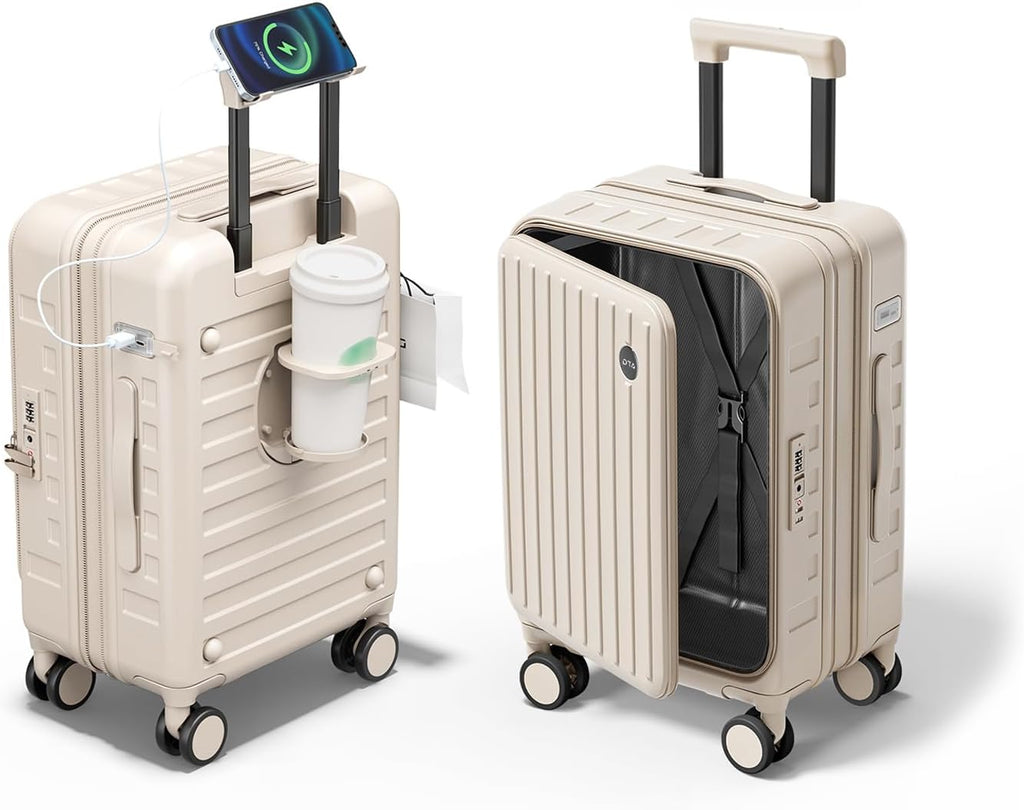 Expandable Lightweight PC Hard Shell Suitcase, 24-inch Luggage with TSA Lock, Top Opening & Cup Holder - Ideal for Business Travel Suitcase (Beige, Checked-Medium 24-Inch)