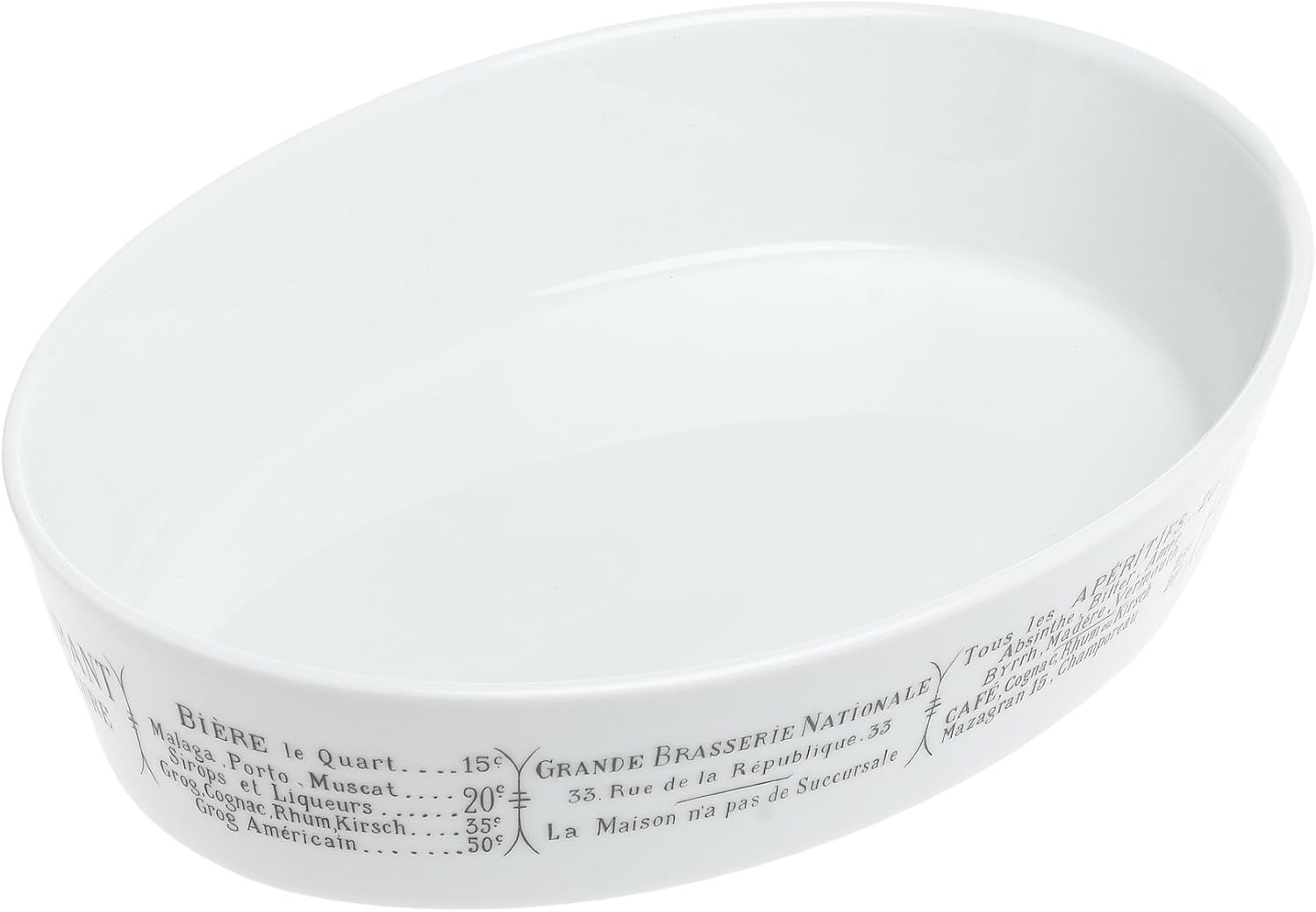 Pillivuyt Brasserie Deep Oval Baker, 9x12.5 inch, White/Menu Print