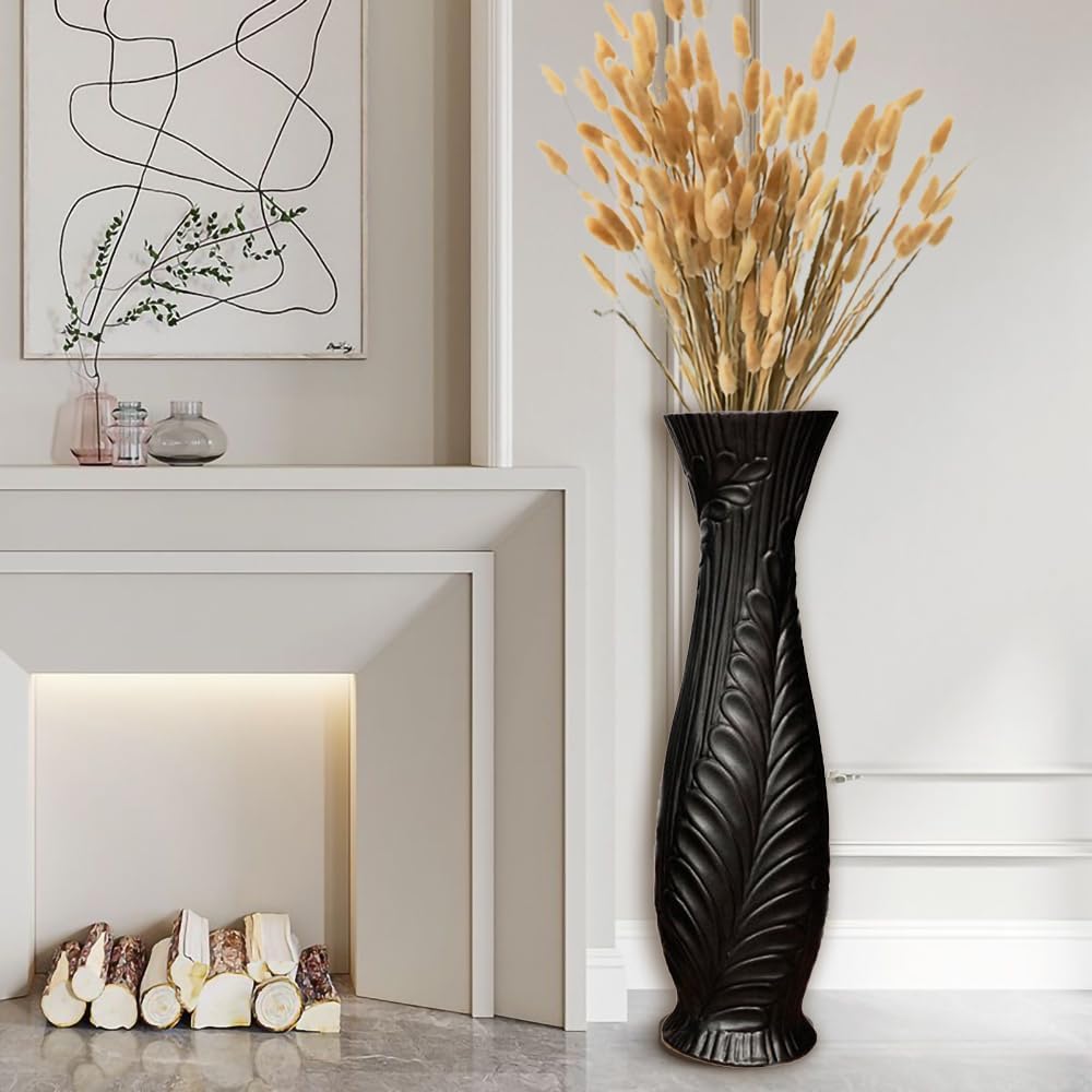 Tall Black Floor Vase 30 inches, Handmade Large Ceramic Vases for Home Decor Living Room, Feather Pattern Decorative Vases Wide Mouth Opening Corner Vase for Pampas Grass