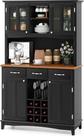 COSTWAY Kitchen Hutch Storage Cabinet, Freestanding Pantry Buffet Sideboard, Modern Buffet Cupboard w/Wine Rack, Adjustable Shelves, Tempered Glass Cabinets, Drawers, Microwave Stand (Black)