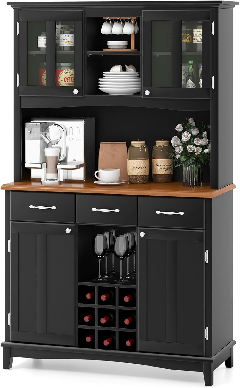 COSTWAY Kitchen Hutch Storage Cabinet, Freestanding Pantry Buffet Sideboard, Modern Buffet Cupboard w/Wine Rack, Adjustable Shelves, Tempered Glass Cabinets, Drawers, Microwave Stand (Black)