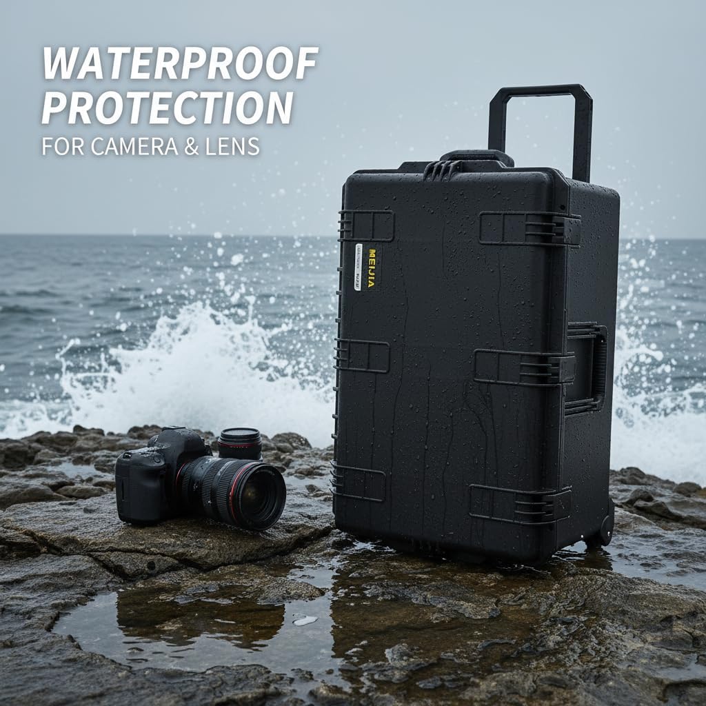 MEIJIA Premium Waterproof Hard Compact Rolling Camera Case with customizable fit foam and wheels,Full Protection with Light&Convenient Design,Elegant Black (31.3'X20.3'X15.5')