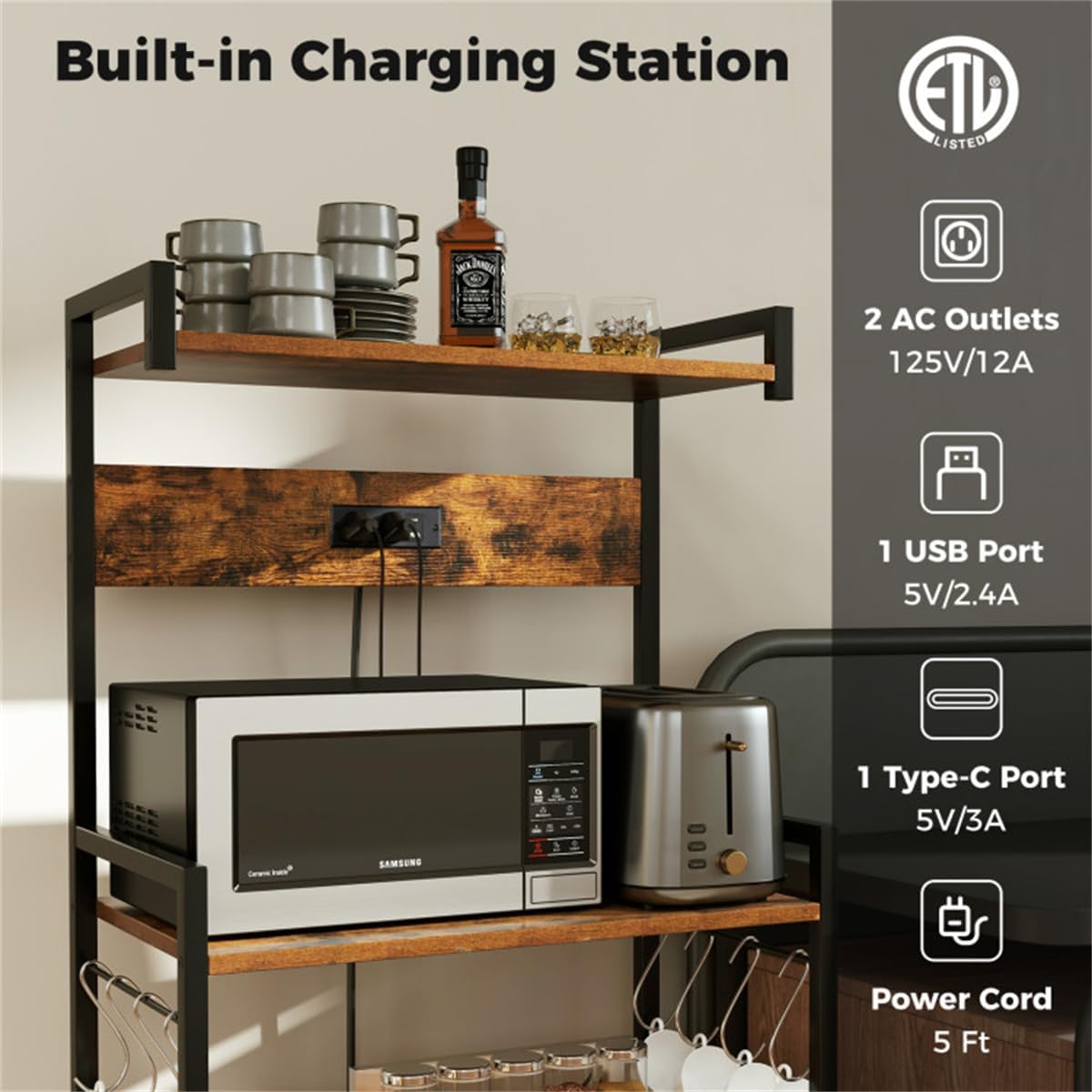 JHshop Bakers Rack with Power Outlet, Coffee Bar, Microwave Stand, Kitchen Storage Shelf for Spice, Pots and Pans Organizer, 23' × 13' × 54' (L x W x H)