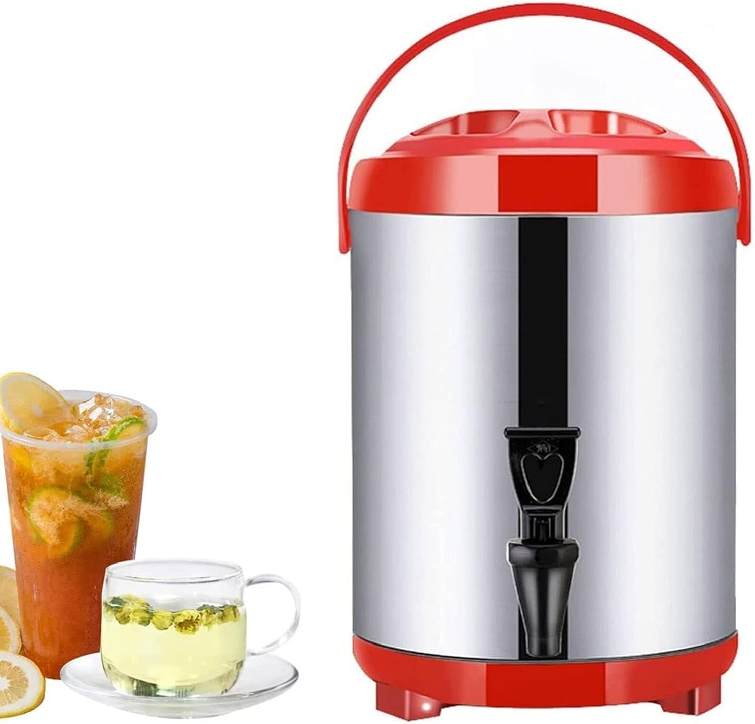 Boiler Warmer Coffee Urn, Stainless Steel Hot Water Kettle Dispenser with Cover & Spigot, 8L Milk Tea Bucket Insulated Barrel for Hot Water & Beverage, Red (12)
