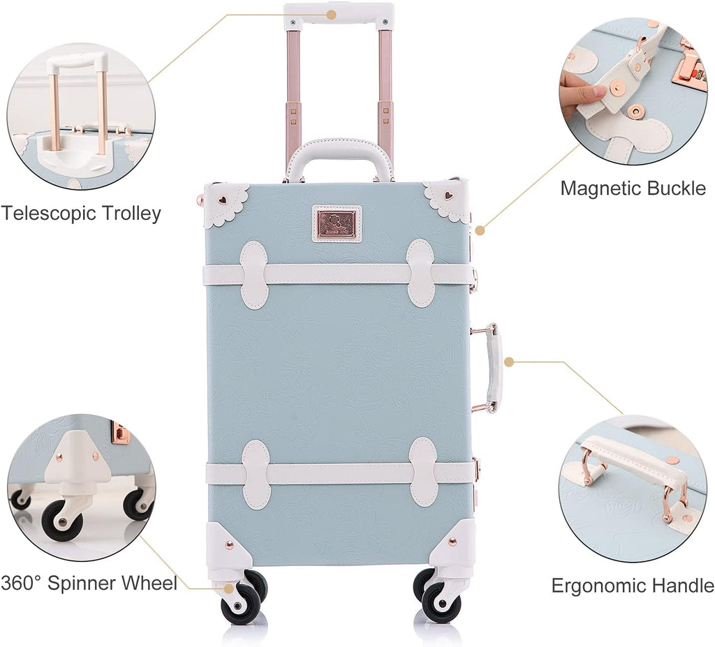 UNIWALKER Vintage Luggage Set, 2 Piece Women Carry on Trolley Suitcase with Spinner Wheels, Handcraft Leather Travel Bag with Cosmetic Train Case, 20'+12', Embossed Blue
