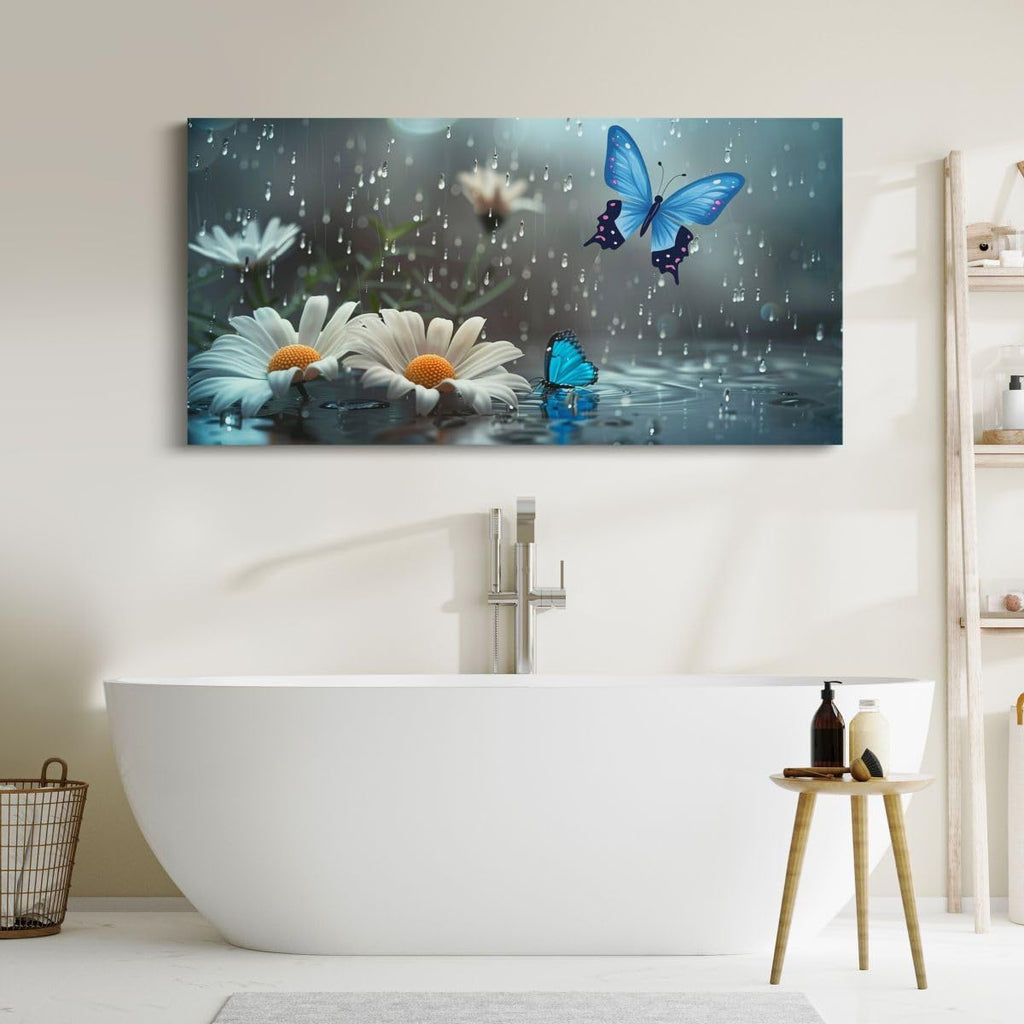 Erosebridal Water Droplets Large Canvas Wall Art 58'X29' Butterfly Artwork for Kids Boys Girls Butterflies Daisy Fog Dreamy Blue Wall Art Painting Bud Retro 3D Flower Pattern Poster