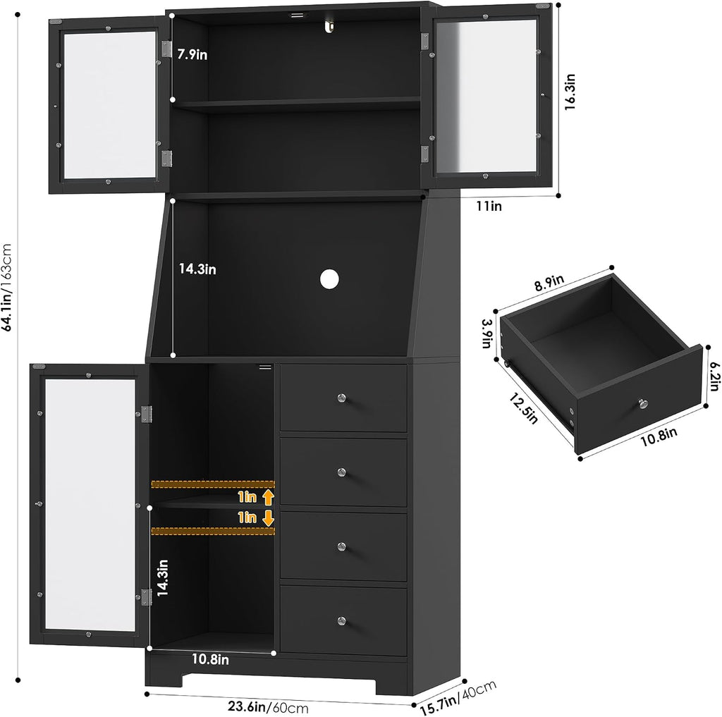 BOTLOG 64'' Kitchen Pantry Storage Cabinet, Tall Kitchen Storage Cabinet with Microwave Stand, Hutch Cabinet with Adjustable Shelves, for Dining Room, Black