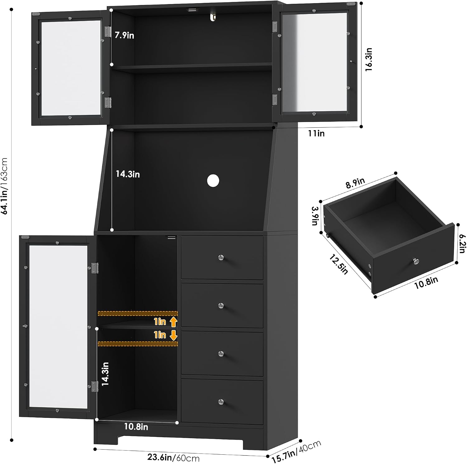 BOTLOG 64'' Kitchen Pantry Storage Cabinet, Tall Kitchen Storage Cabinet with Microwave Stand, Hutch Cabinet with Adjustable Shelves, for Dining Room, Black