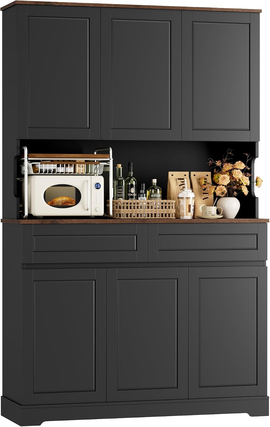 FACBOTALL 74' Pantry Cabinet, Tall Kitchen Pantry Cabinet with 6 Doors and 2 Drawers, Kitchen Hutch with Wide Countertop, Modern Kitchens Cupboard with Adjustable Shelves and Charge Holes, Black