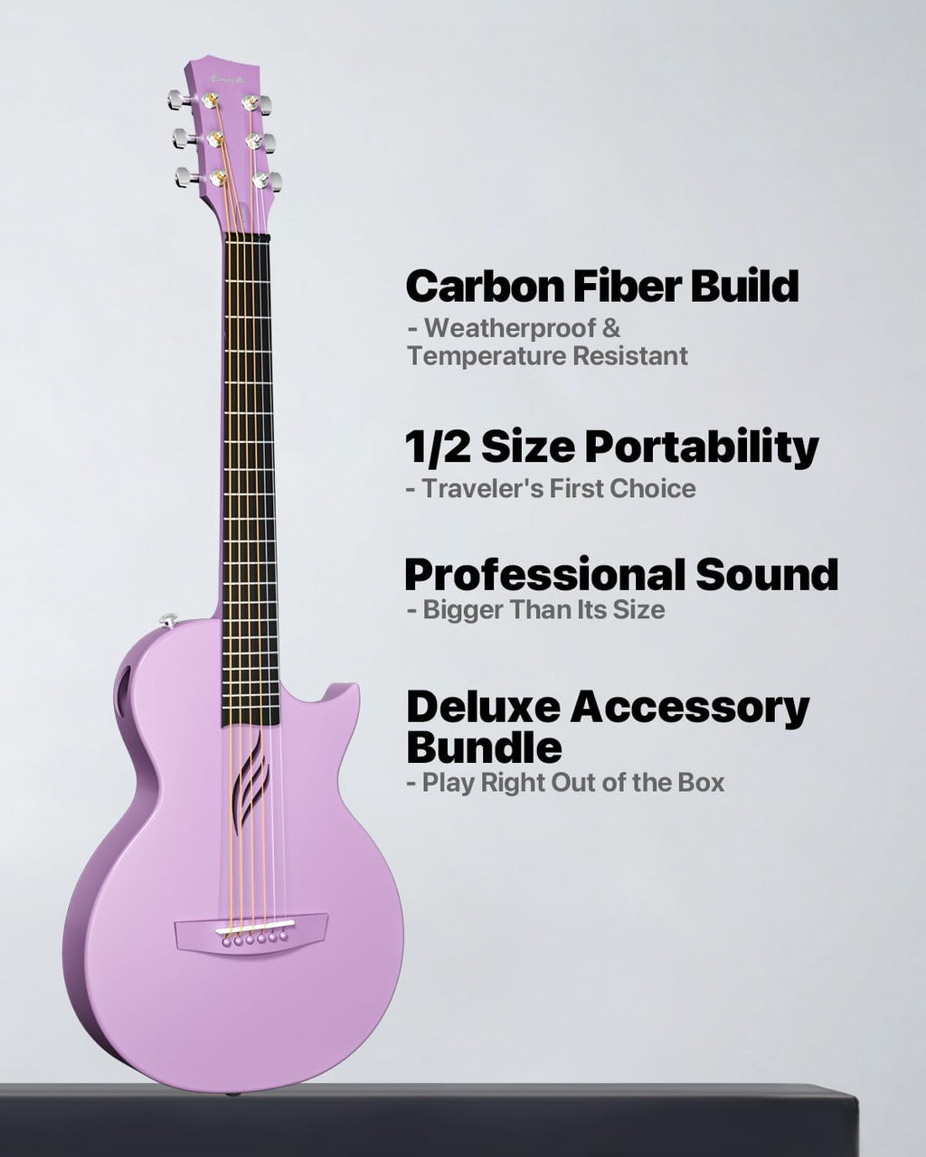Enya Nova Go Carbon Fiber Travel Acoustic Guitar | 1/2 Size Lightweight Moisture-Proof Guitara | Adult & Beginner Portable Guitar with Gig Bag & Accessories (Purple)