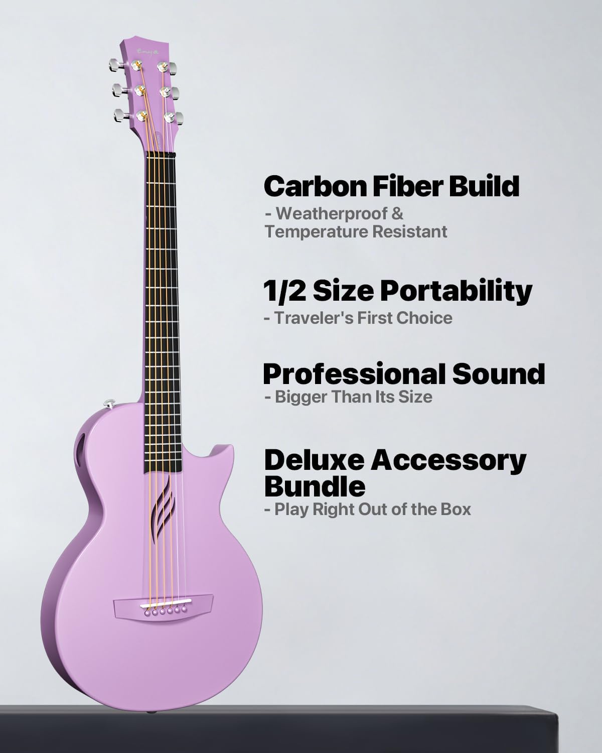 Enya Nova Go Carbon Fiber Travel Acoustic Guitar | 1/2 Size Lightweight Moisture-Proof Guitara | Adult & Beginner Portable Guitar with Gig Bag & Accessories (Purple)