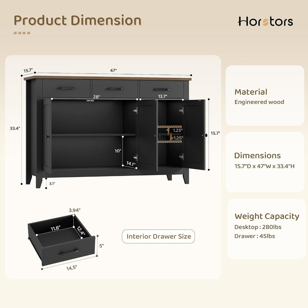 HORSTORS 47' Buffet Cabinet with Storage, Kitchen Buffet Table with Drawers, Modern Farmhouse Coffee Bar Storage Cabinet with Adjustable Shelf, Wood Sideboard for Dining Room, Kitchen, Entryway, Black