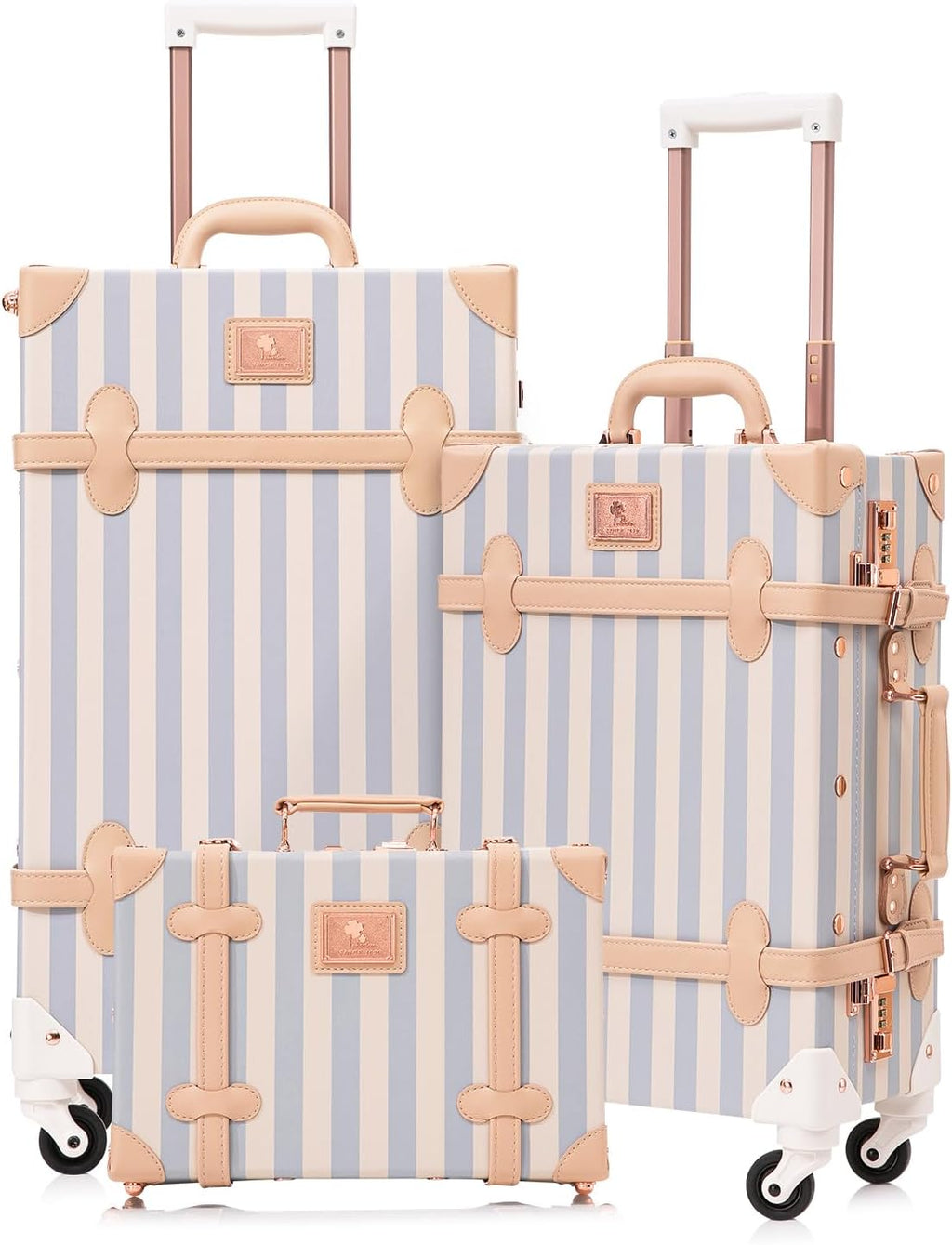 UNIWALKER Vintage Luggage Set of 3, Retro Spinner Trunk with Combo Lock for Women, Cute Designer Travel Suitcase Set with Train Case (26'+20'+12',blue strip)