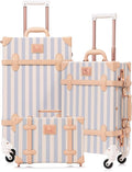 UNIWALKER Vintage Luggage Set of 3, Retro Spinner Trunk with Combo Lock for Women, Cute Designer Travel Suitcase Set with Train Case (26'+20'+12',blue strip)