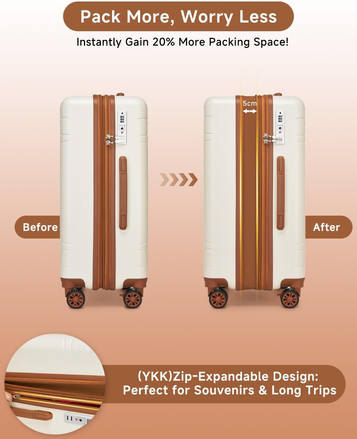 Somago 3 Piece Luggage Set with Cup Holder, Expandable 25% Capacity Suitcase with Shock-Absorbing Braking Spinner Wheels Moon Star Design Hardside Suitcase with TSA Lock (Beige White,Expandable Sets)