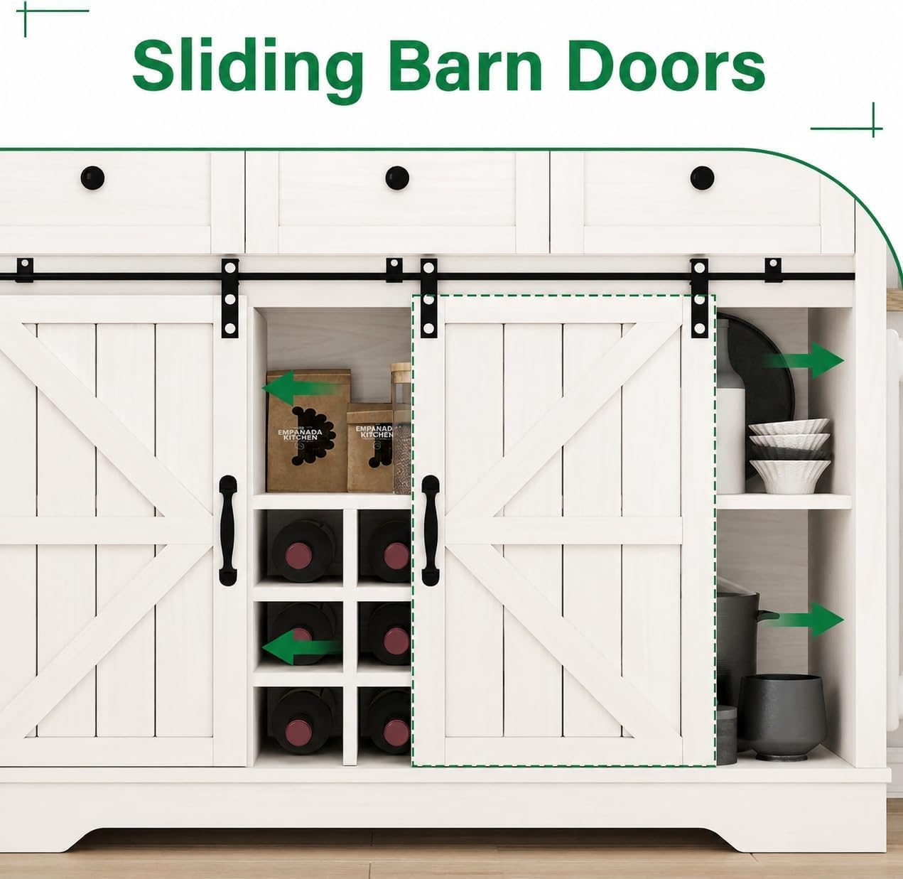 Farmhouse Coffee Bar Cabinet with Wine Rack, 72' Tall Kitchen Storage Cabinet with 3 Drawers, 9-Bottle Wine Holder, 6 Hooks, Sliding Barn Doors and Adjustable Shelves, for Dining Room, White